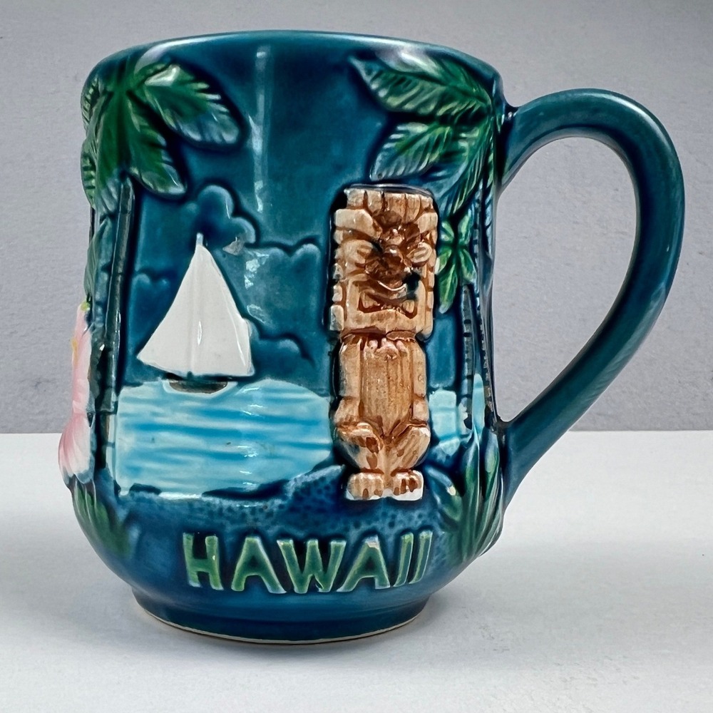 Vintage Hawaii Tiki Mug Blue Ceramic 3D Relief Souvenir Tropical Cup Surf Aloha